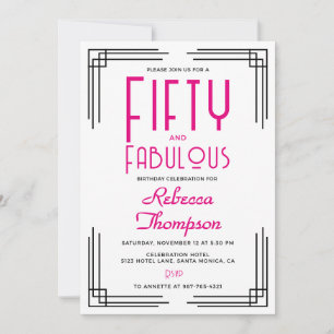 Fifty and Fabulous Hot Pink Art Deco 50th Birthday Invitation