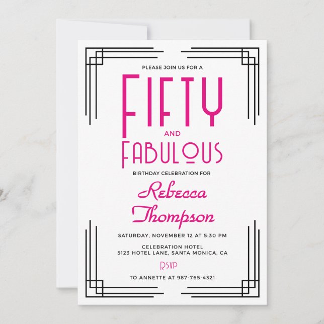 Fifty and Fabulous Hot Pink Art Deco 50th Birthday Invitation (Front)