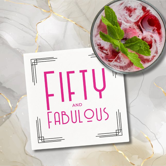 Fifty and Fabulous Hot Pink Art Deco 50th Birthday Napkin (Fifty and Fabulous Hot Pink Art Deco 50th Birthday Napkins with Black and White Art Deco Corners.)