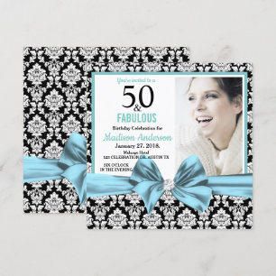 Fifty and Fabulous light blue damask 50th Birthday Invitation
