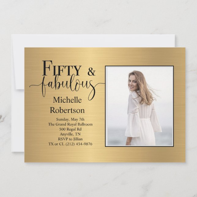 Fifty and Fabulous Metallic Gold Birthday Party In Invitation (Back)