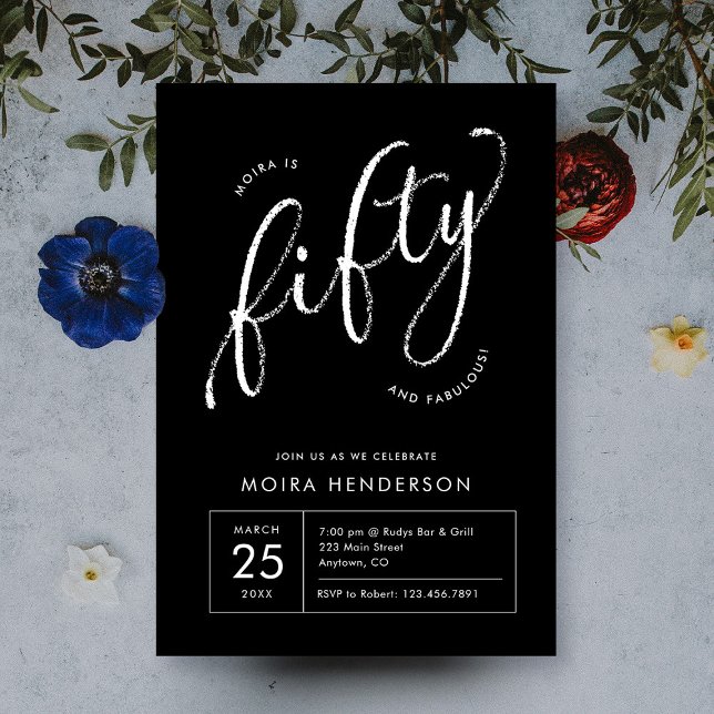 Fifty and Fabulous Modern Black 50th Birthday Invitation (fifty and fabulous modern minimal script black and white 50th birthday party invitation)
