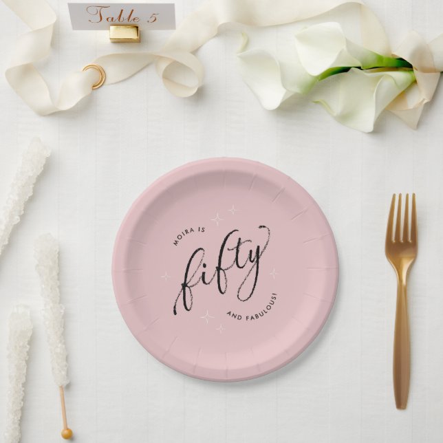 Fifty and Fabulous Modern Dusty Pink 50th Birthday Paper Plate (Wedding)