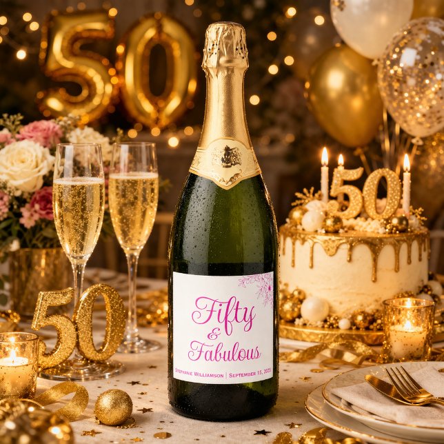 Fifty and Fabulous Modern Script Birthday Party Sparkling Wine Label (Creator Uploaded)