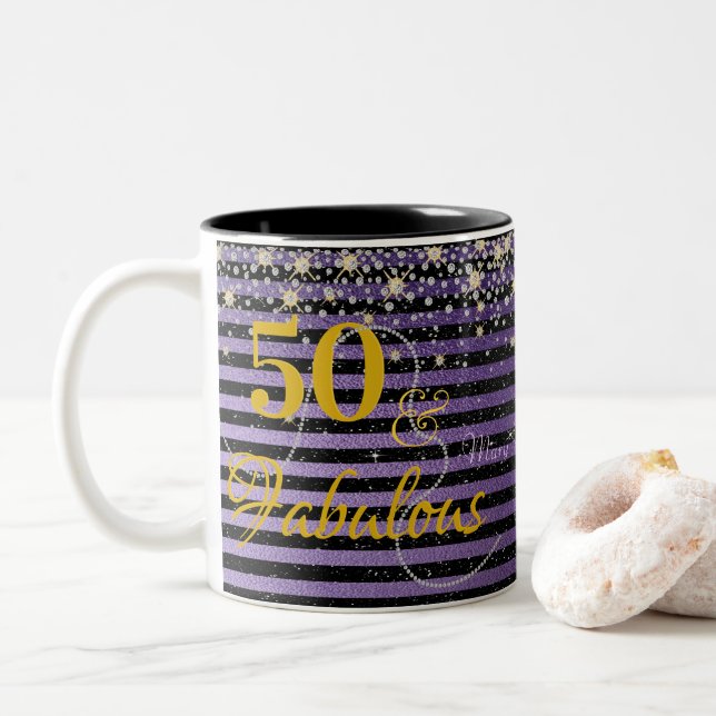 Fifty and Fabulous Pearls Diamonds Purple Birthday Two-Tone Coffee Mug (With Donut)
