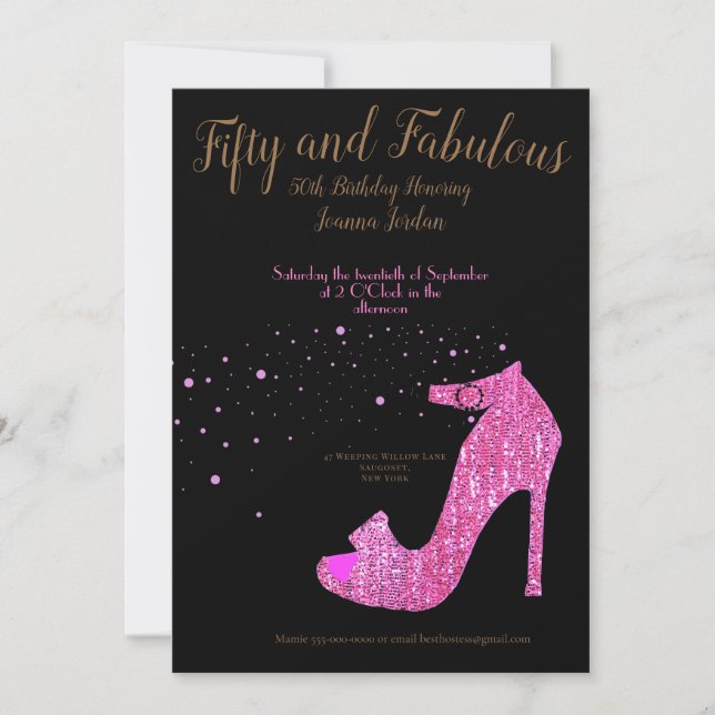  Fifty and Fabulous Pink and Black Birthday Invitation (Front)
