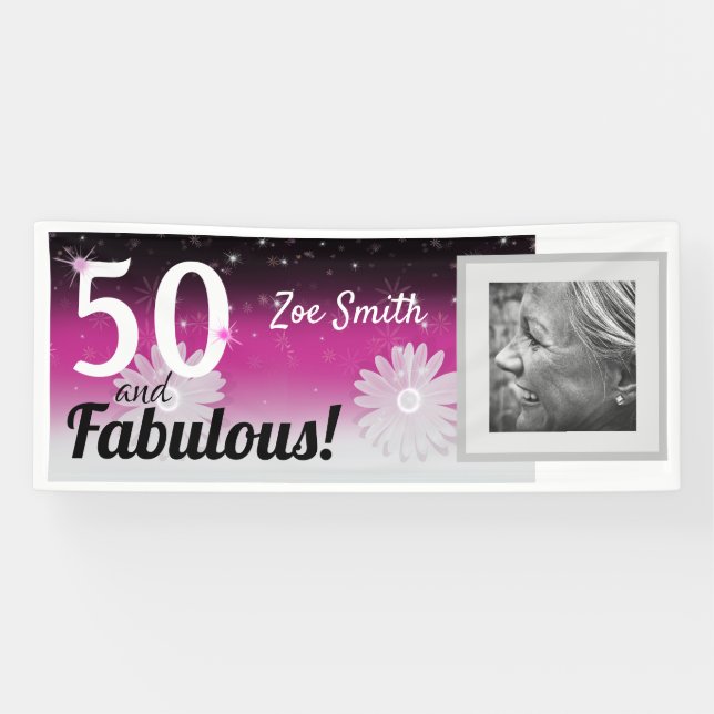 Fifty and fabulous, pink, black and white daisies banner (Horizontal)
