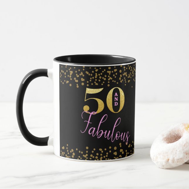 Fifty and Fabulous Pink Black Gold Glitter B'day   Mug (With Donut)