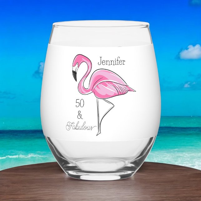 Fifty and Fabulous Pink Flamingo Custom Stemless Wine Glass (Creator Uploaded)