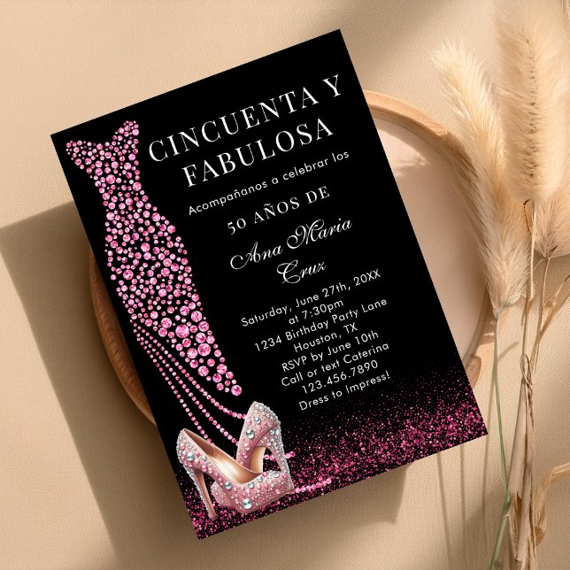 Fifty and Fabulous Pink Glam Spanish 50th Birthday Invitation (Creator Uploaded)