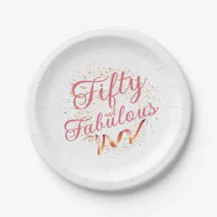 Fifty and Fabulous pink, gold sparkle Paper Plates