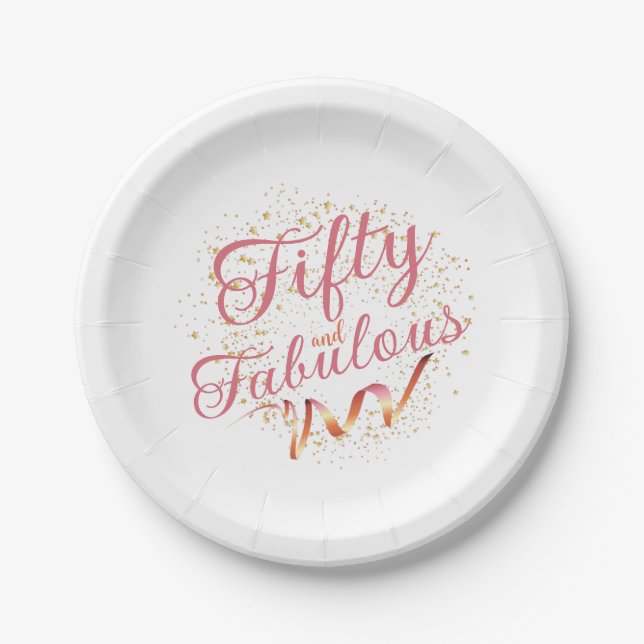 Fifty and Fabulous pink, gold sparkle Paper Plates (Front)