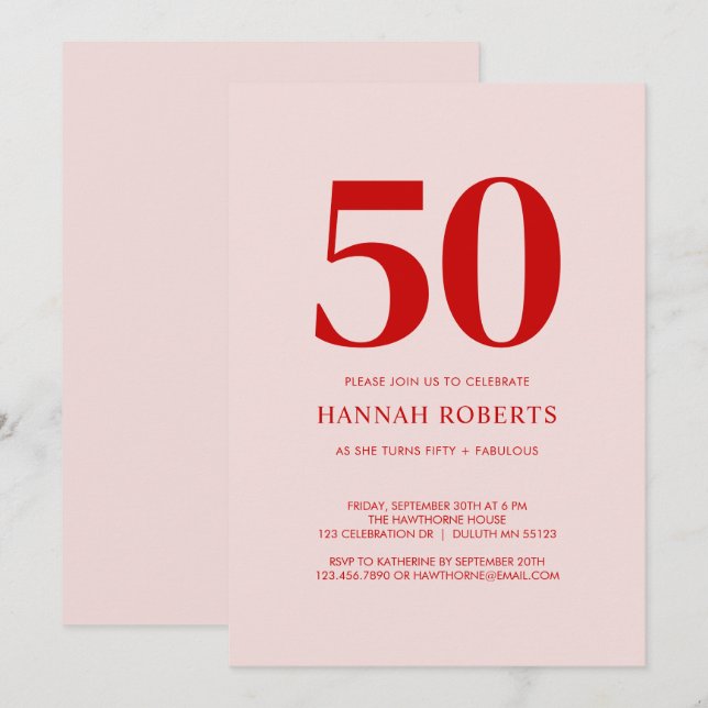 Fifty and Fabulous Pink Red 50th Birthday Party Invitation (Front/Back)