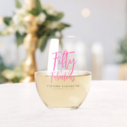 Fifty and Fabulous Pink Script 50th Birthday Party Stemless Wine Glass