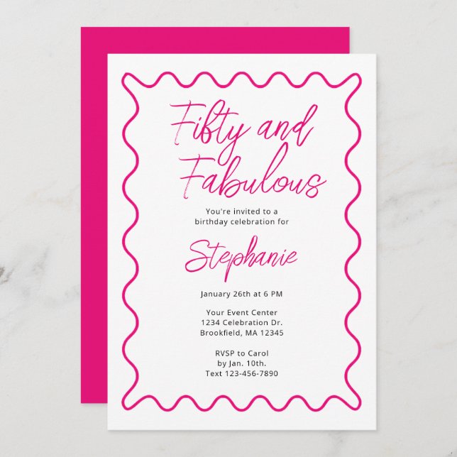 Fifty and Fabulous Pink Script Invitation (Front/Back)
