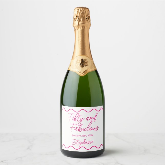Fifty and Fabulous Pink Script Sparkling Wine Label (Front)