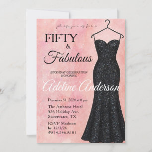 Fifty and Fabulous Pink Watercolor Black Glitter Invitation