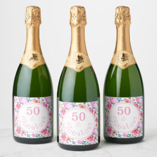 Fifty and Fabulous Pretty Pink Purple Watercolor Sparkling Wine Label