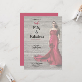 Fifty and Fabulous Red Dress Script Birthday Invitation