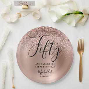 Fifty And Fabulous Rose Gold Birthday Party Name Paper Plate