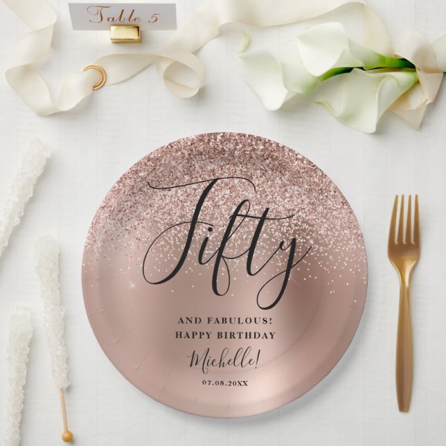 Fifty And Fabulous Rose Gold Birthday Party Name Paper Plate (Wedding)