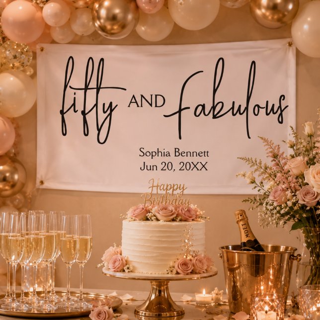Fifty and Fabulous Script 50th Birthday Party  Banner (50th birthday banners fifty and fabulous typography simple elegant modern party decor sign)