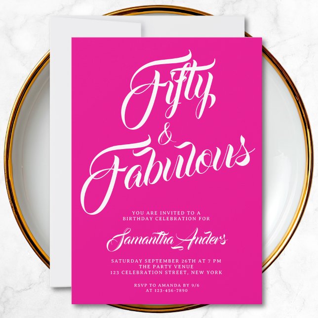 Fifty and Fabulous Script 50th Birthday Party Pink Invitation (Creator Uploaded)