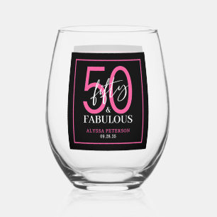 Fifty and Fabulous Script 50th Birthday Stemless Wine Glass