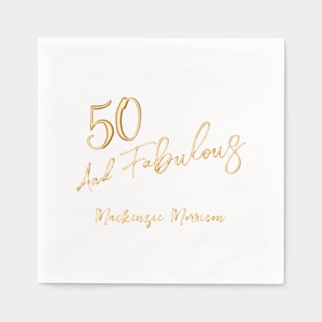 Fifty and Fabulous Script Birthday Party Foil Napkins (Front)