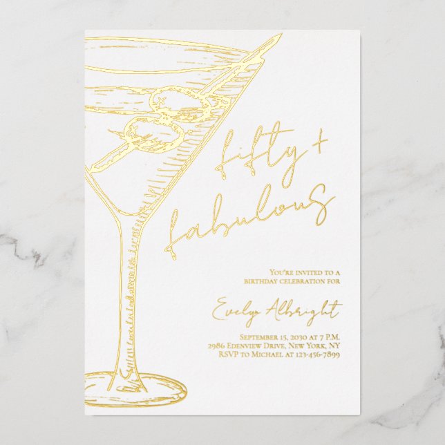 Fifty and Fabulous Script Line Art Gold (Front)