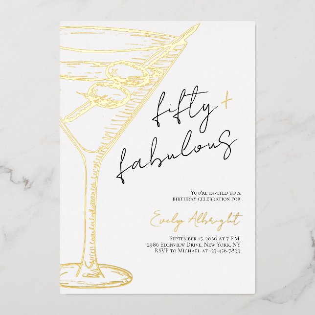 Fifty and Fabulous Script Line Art Gold (Front)