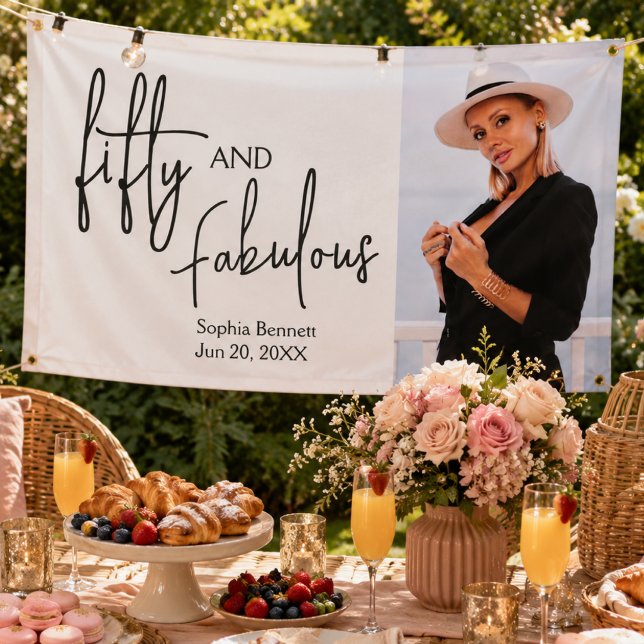 Fifty and Fabulous Script Photo 50th Birthday  Banner (50th birthday banners fifty and fabulous black and white modern minimal typography simple elegant )