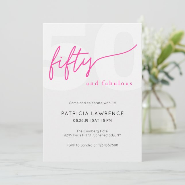 Fifty and Fabulous Script Pink 50th Birthday Party Invitation (Standing Front)