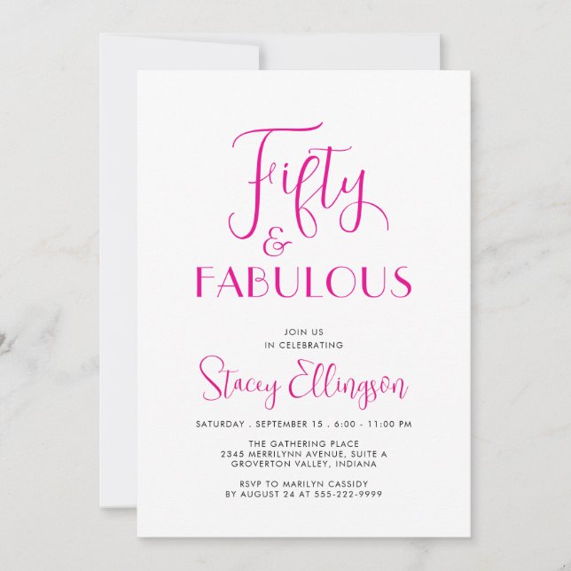 Fifty and Fabulous Script Pink 50th Birthday Party Invitation (Front)
