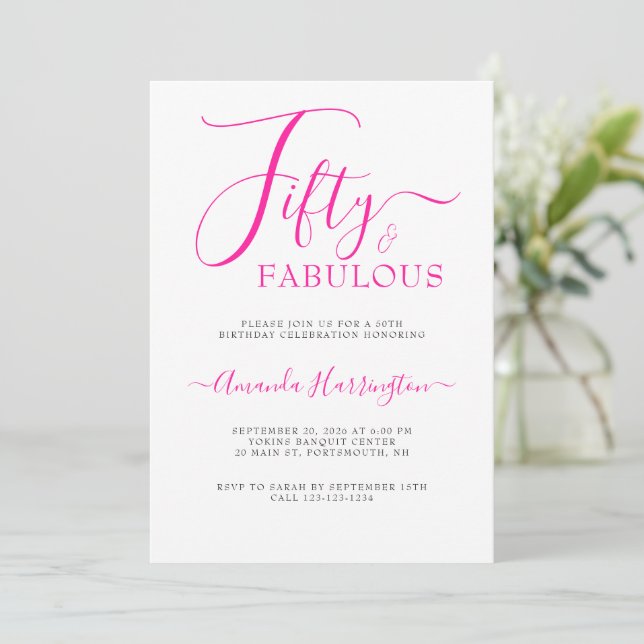 Fifty and Fabulous Script Pink 50th Birthday Party Invitation (Standing Front)