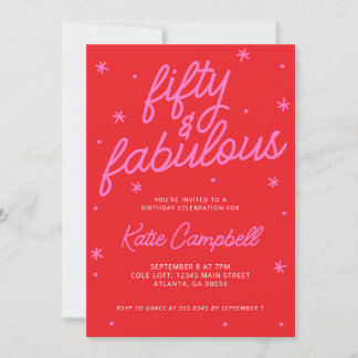 Fifty and Fabulous Script Pink Red 50th Birthday  Invitation