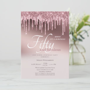  Fifty and Fabulous Surprise Pink Glitter Birthday Invitation