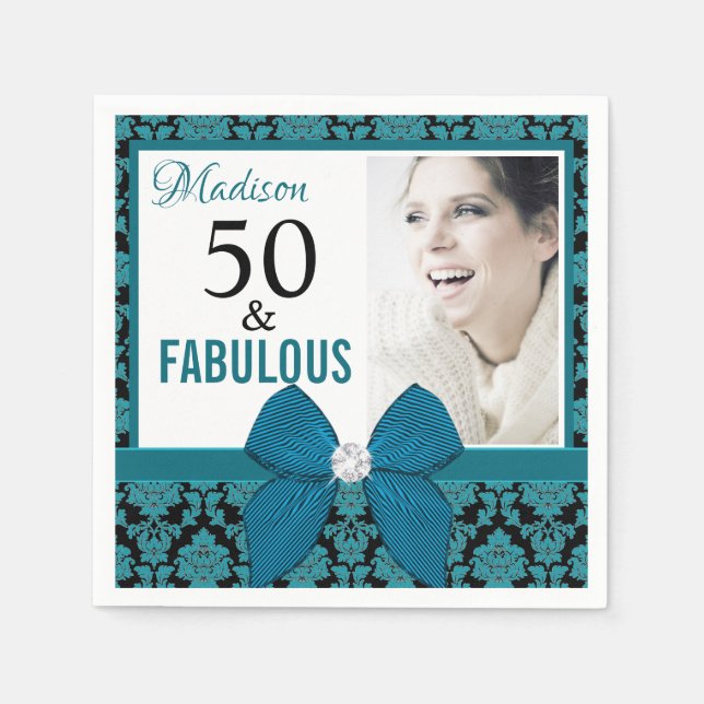 Fifty and Fabulous teal damask | 50th Birthday Napkin (Front)