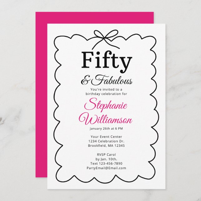 Fifty and Fabulous Whimsical Black and Pink Script Invitation (Front/Back)