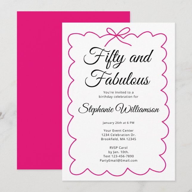 Fifty and Fabulous Whimsical Pink and Black Script Invitation (Front/Back)