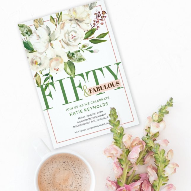 Fifty and Fabulous White Floral Birthday Invitation (Creator Uploaded)