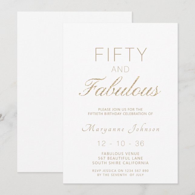 Fifty and Fabulous White Gold Modern 50th Birthday Invitation (Front/Back)