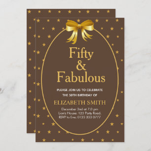 Fifty and Fabulous with golden stars on brown Invitation