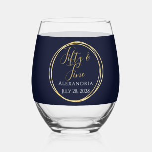Fifty and Fine Gold Navy 50th Birthday Stemless Wine Glass