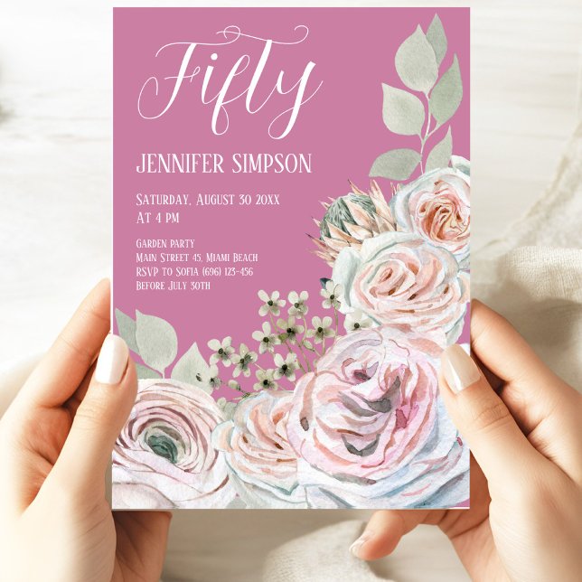 Fifty Birthday pink watercolor floral white text Invitation (Creator Uploaded)