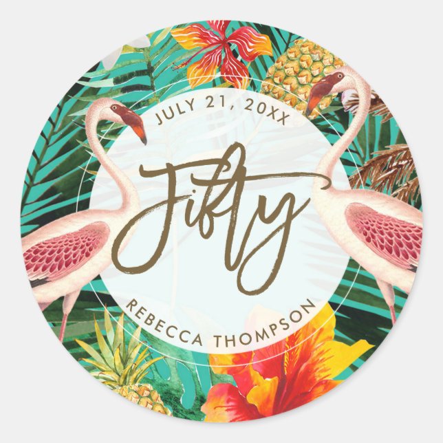 fifty birthday tropical flamingo sticker (Front)