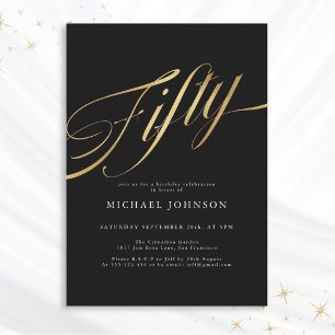 Fifty Black and Gold Modern 50th Birthday Invitation