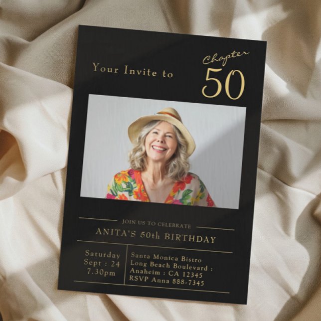 Fifty Black Gold 50th Birthday Party Photo Invitation (50th birthday black and gold party invitation on a fabric background )