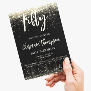 Fifty Black Gold Glitters 50th Birthday Party Invitation