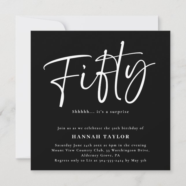 Fifty Black White Modern 50th Birthday Invitation (Front)